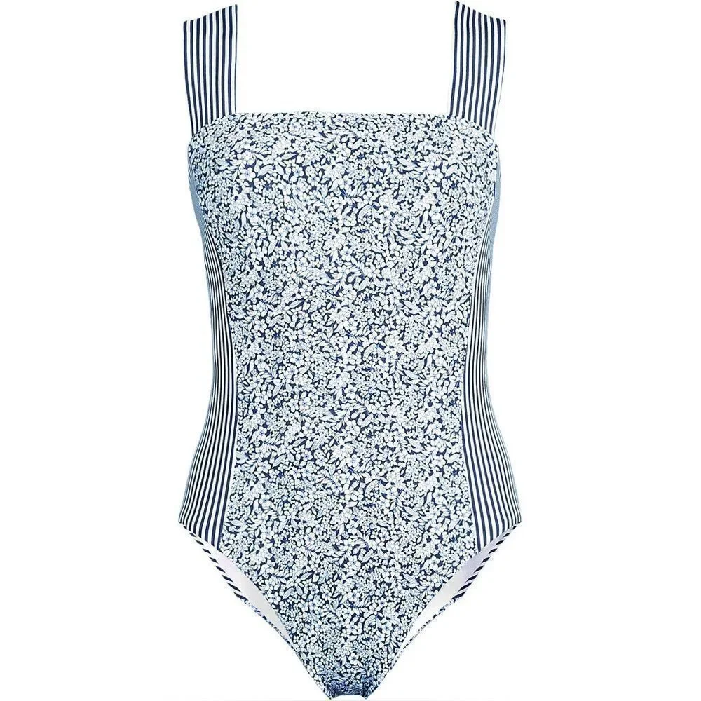 Land's End one piece square neck high leg wide strap swim Ditsy floral stripe 12 - Picture 2 of 5
